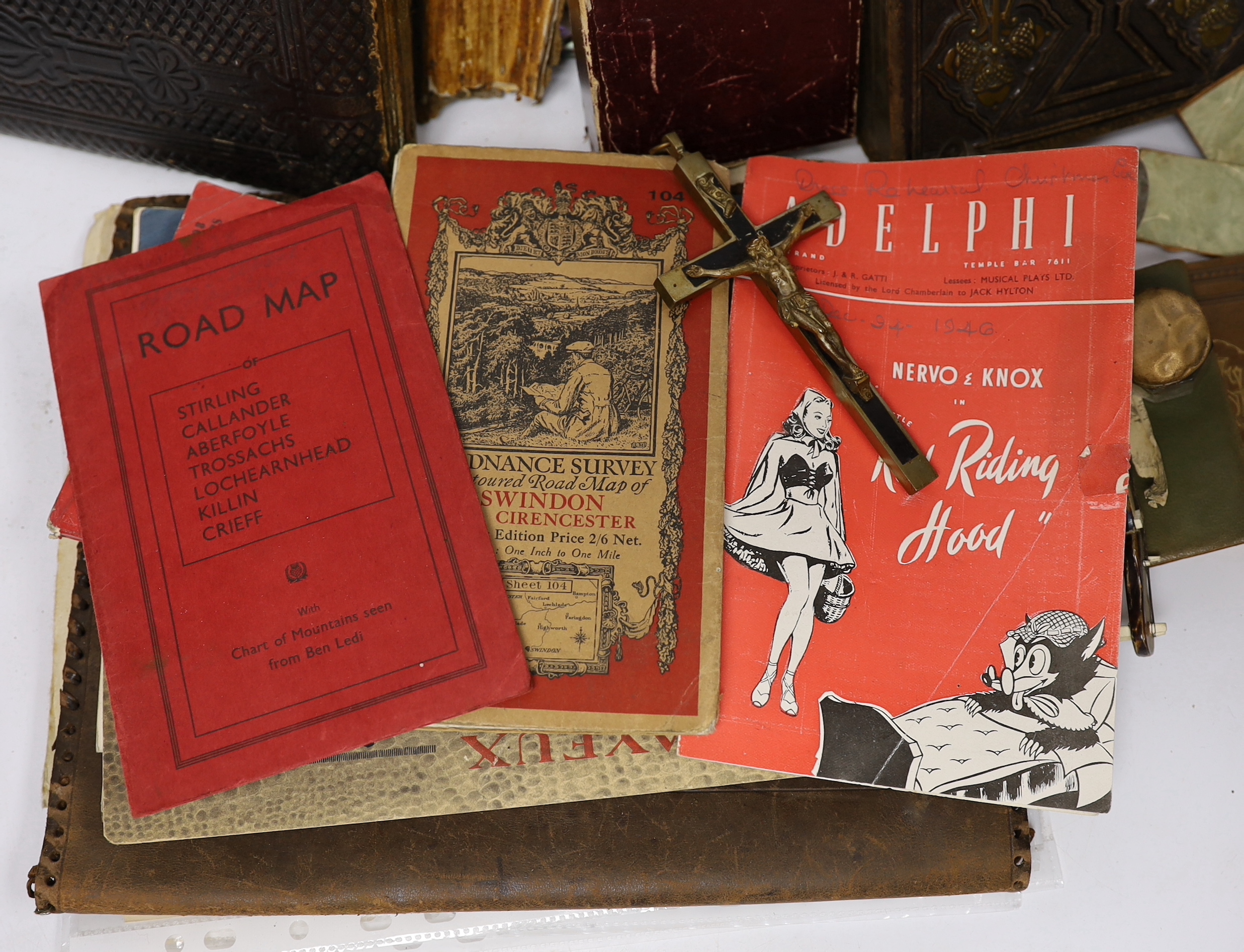Sundry items including ephemera, empty Victorian photograph albums, bugle, miniature books, rosary and silver lidded glass pot